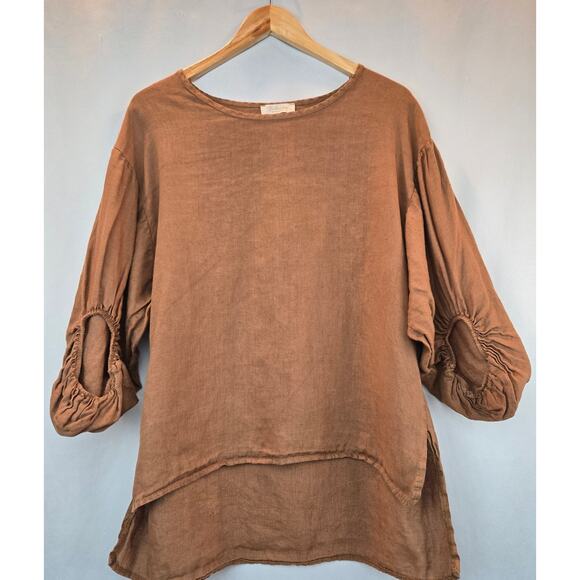 Bellambra Italy Linen Blouse Oversized Hi-Lo Hem 3/4 Sleeves Brown Small - Picture 2 of 8